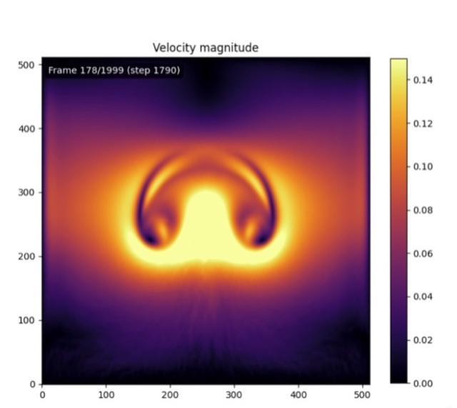 A bubble rises within a fluid